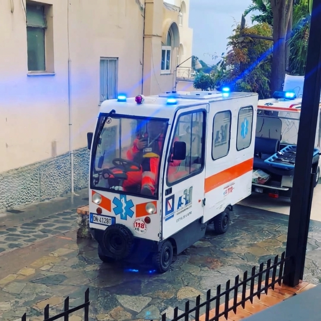 Ambulancia pequeña de la isla de Ischia saliendo de su base